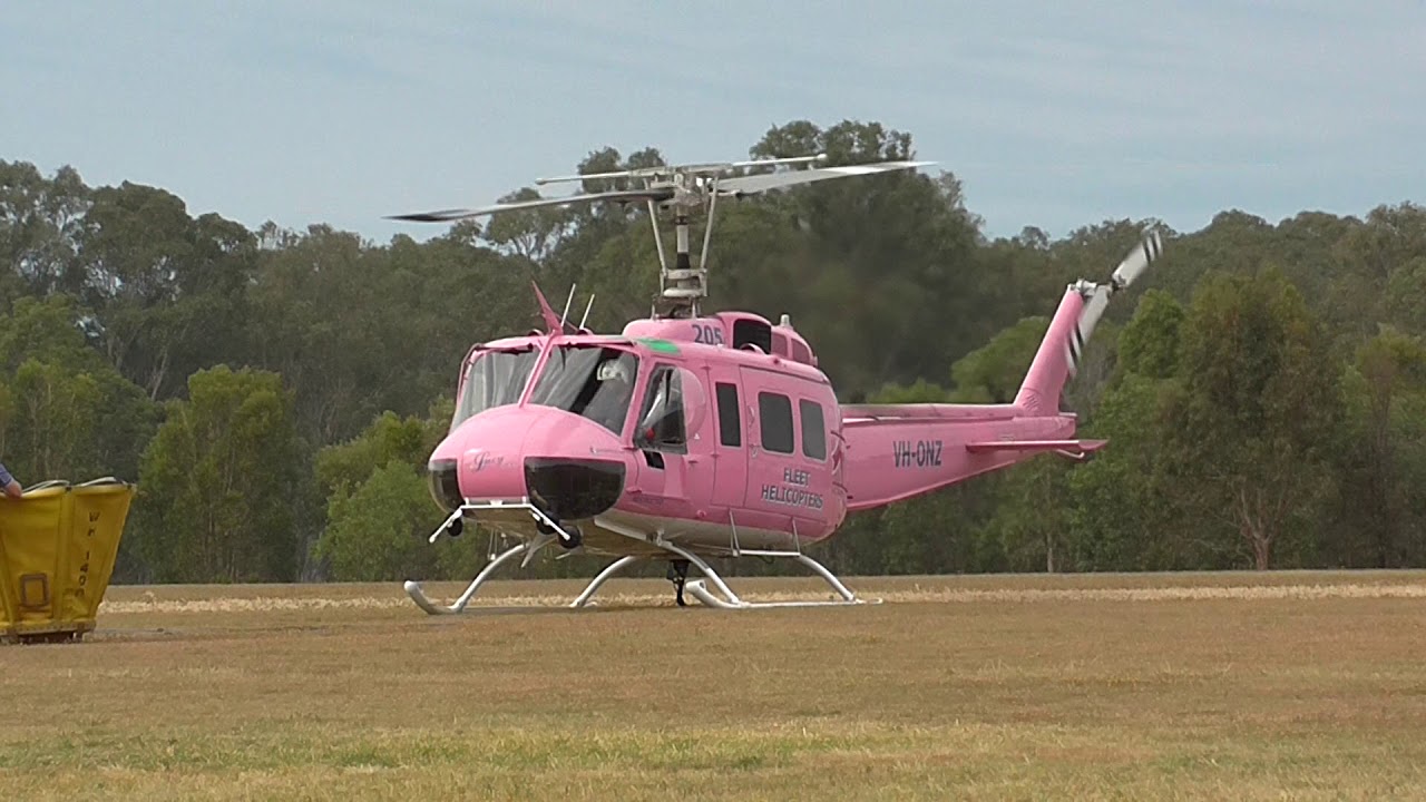 Huey Helicopter start up and take off at European Casino Online New South Wales Australia with Breast Cancer Sticker